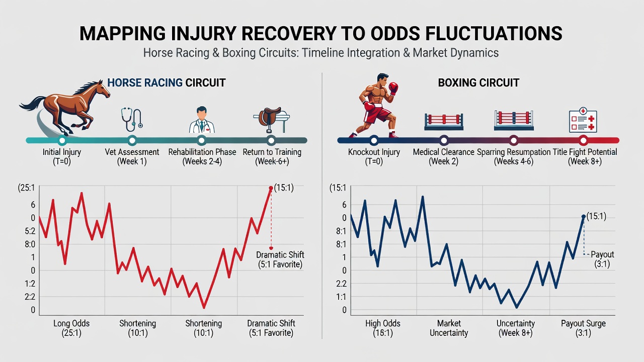 Timeline graph comparing boxing and horse racing injury recoveries with associated betting market volatility