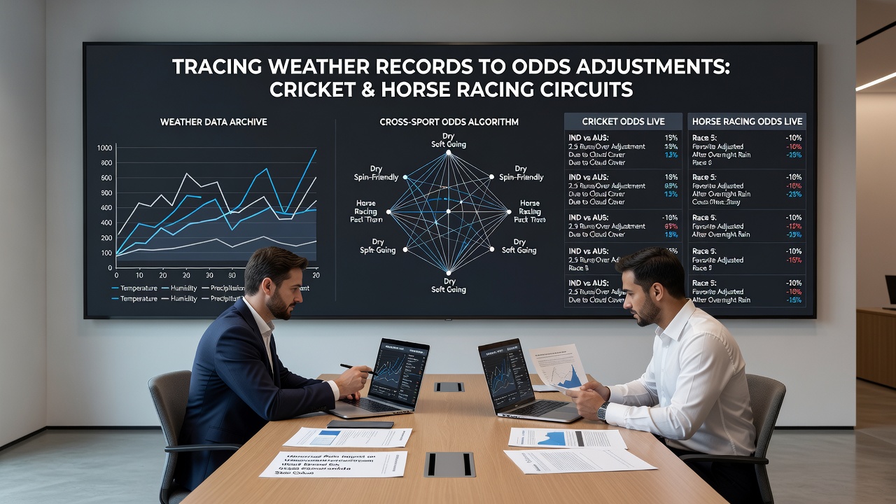 Jockeys navigating a rain-affected turf track during an afternoon meeting with visible weather monitoring equipment in the background
